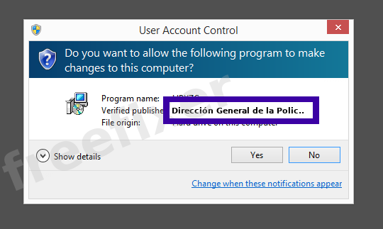 Screenshot where Dirección General de la Policía appears as the verified publisher in the UAC dialog